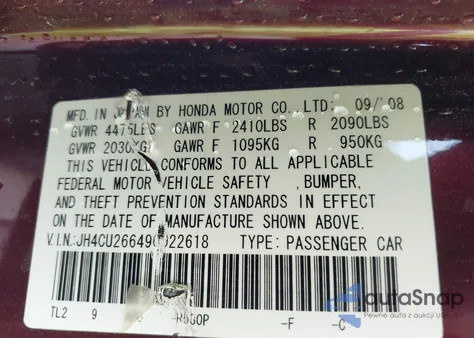 2009 Acura Tsx из США, поврежденный, VIN JH4CU26649C022618